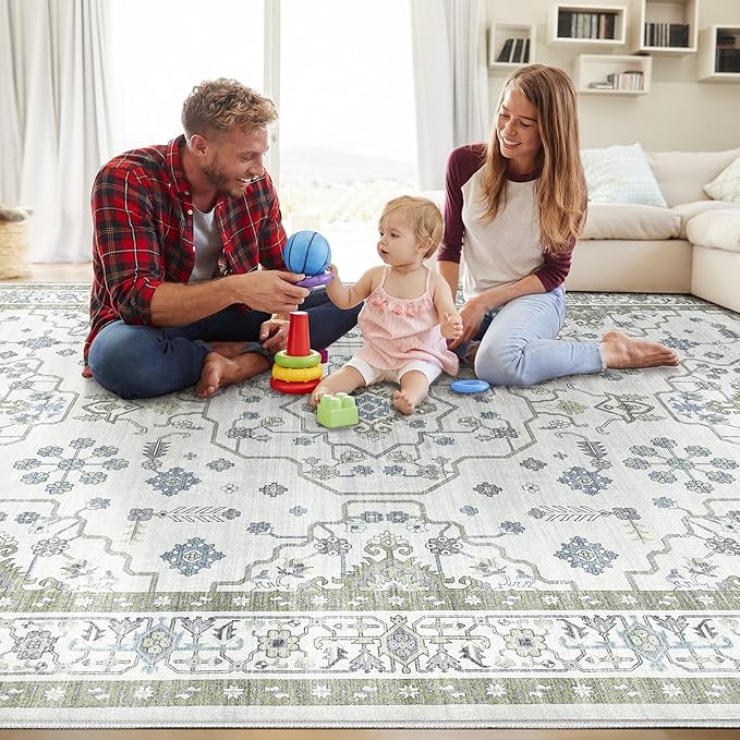 Area Rug 9x12 for Living Room - Washable Oriental Vintage Floral Distressed Large Indoor Carpets with Non Slip Back for Bedroom Dining Room Nursery Office Home Decor -Light Green