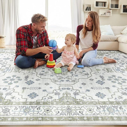 Area Rug 9x12 for Living Room - Washable Oriental Vintage Floral Distressed Large Indoor Carpets with Non Slip Back for Bedroom Dining Room Nursery Office Home Decor -Light Green