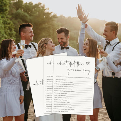 Bridal Shower Games, What Did The Groom Say, 25Pcs Minimalist White Double-Sided Bridal Game Cards, Wedding Shower Games for Guests, Engagement Bachelorette Party Supplies - A14