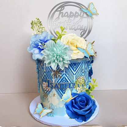 19 PCS Flower Cake Toppers Butterfly Cake Decorations Happy Birthday Cake Toppers with Artificial Blue Rose Flowers Eucalyptus Butterflies for Girls Birthday Party Wedding Baby Shower Supplies (Blue)