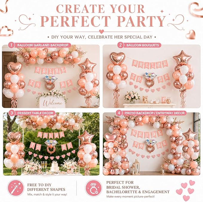 Bridal Shower Decorations Rose Gold Bridal To Be Balloon Set with Star Heart Diamond Ring Foil Balloons Bunting Banner Heart Paper Garland Rose Gold White Bachelorette Marriage Engagement Party Women