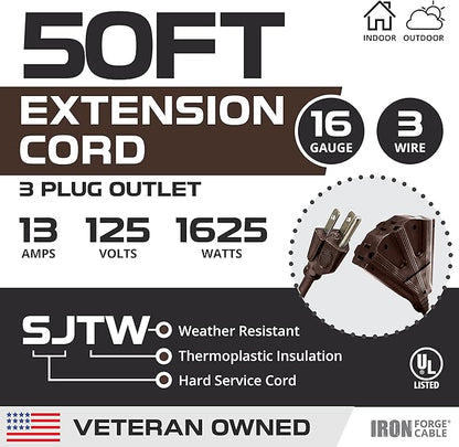 Iron Forge Cable 50ft Brown Outdoor Extension Cord with 3 Outlets - 16/3 SJTW 50ft Extension Cord 3 Prong, 13 Amp All-Weather Heavy Duty Power Cable