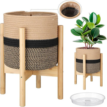 Plant Basket with Stand Indoor Planter Pot Holder Sturdy Jute Rope Modern Woven Basket, Cotton Rope Woven Pot with Bamboo Stand(10 Inch,Black and Beige Stripes)