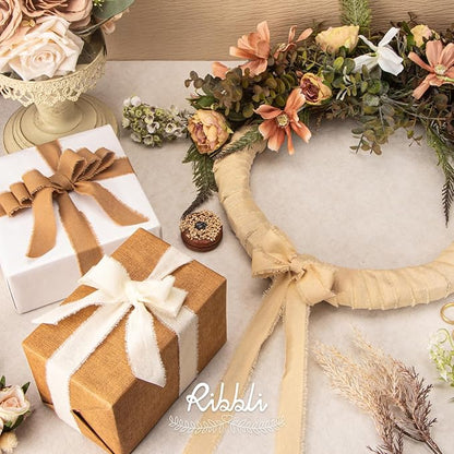 Ribbli 3 Rolls Beige Ribbon 1 Inch x 18 Yards Ivory Nude Khaki Handmade Cotton Frayed Fringe Ribbons for Gift Wrapping Wedding Invites Bridal Bouquets Baby Shower DIY Crafts Home Decor