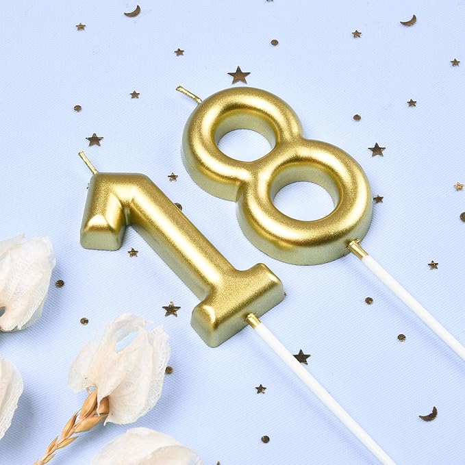 2.76 Inch Classical Gold 18 Number Birthday Candles, Gold Number Candles, Cake Number Candles, Party Celebration