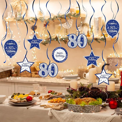 Happy 80th Birthday Blue & Silver Glitter Swirls Streamers Party Decorations - 15 Pcs 80th Birthday Hanging Swirls Streamers Kit,Cheers to Eighty Years Old Bday Party Sign.