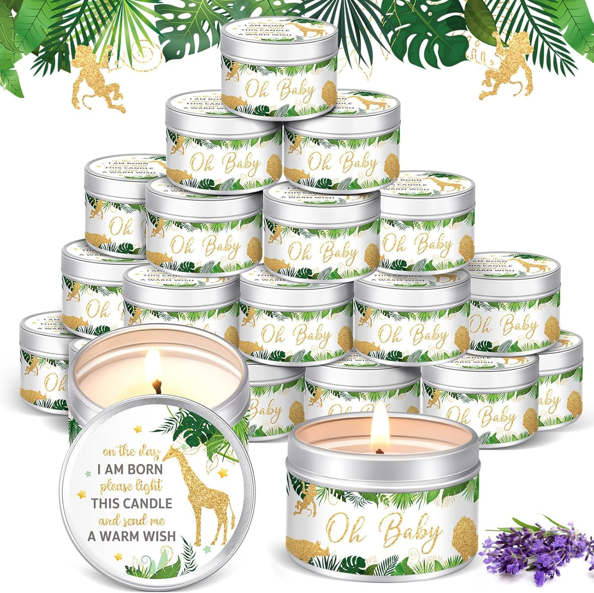 MTLEE 24 Pcs Jungle Animal Baby Shower Party Favors Candles Lavender Scented Baby Shower Favors for Guests Rustic Tealights Candles Gender Reveal Return Gifts Girl Boy (1.2 Oz, Khaki)