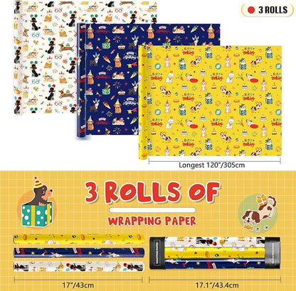 WERNNSAI Dog Wrapping Paper Rolls - 3 Rolls 17" x 120" Doggy Boys Wrapping Paper Rolls Puppy Gift Wrap Paper Kids Birthday Gift Packign Holiday Supply Short Roll Mini Roll with Cutting Line