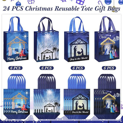 Wesnoy 24 Pcs Christmas Nativity Bags Bulk 10 x 8 x 4 Inch Christmas Jesus Non Woven Gift Bags with Handles Holy Night Religious Decoration Gift Packaging Reusable Christian Supplies for Xmas