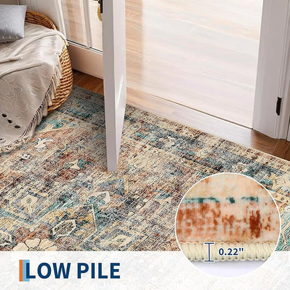 5x7 Area Rug Washable Boho Vintage Medal Print Small Carpet Non Slip Office Rugs Low Pile Soft Bedroom Carpet Non Shedding Nursery Floor Mats for Kitchen Dining Living Room Green Brown