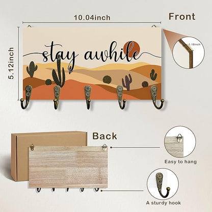 Stay While Sign Key Holder for Wall 10"x5.12", Inspirational Family Sign Key Hanger Wall Mount, Boho Western Landscape Wooden Hanging Keys Holder Decor for Entryway Front Door（5 Hooks）
