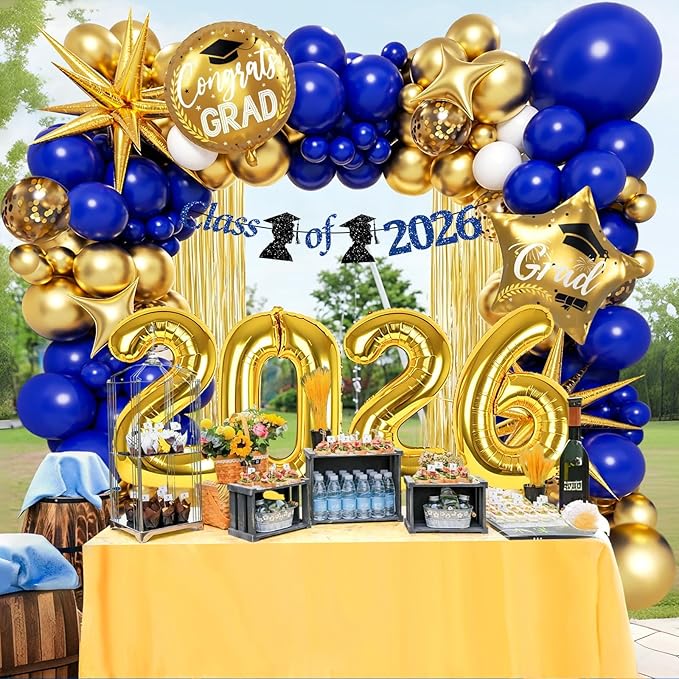 Blue and Gold Graduation Decorations 2026 with Fringe Curtain Banner Metallic Gold Confetti Royal Blue White Balloons for Graduation Decorations 2026