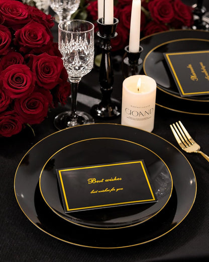 Nervure 100 Pieces Black Plastic Plates - 7.5inch Black Dessert Plates - Disposable Gold Plastic Plate - Disposable Plate Ideal for Wedding & Party & Halloween