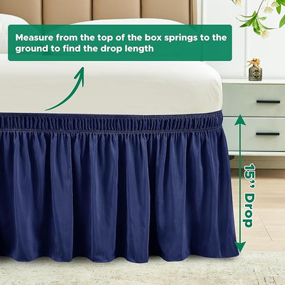 Biscaynebay Wrap Around Bed Skirts for Twin & Twin XL Beds 15" Drop, Navy Adjustable Elastic Dust Ruffles Easy Fit Wrinkle & Fade Resistant Silky Luxurious Fabric Machine Washable