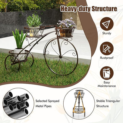 Giantex Metal Bicycle Planter, 3 Tier Tricycle Flower Plant Stand w/ 3 Decorative Wheels, Parisian Style Flower Display Stand Cart for Home Decor Patio Garden Flower Shop Indoor Outdoor (Bronze)
