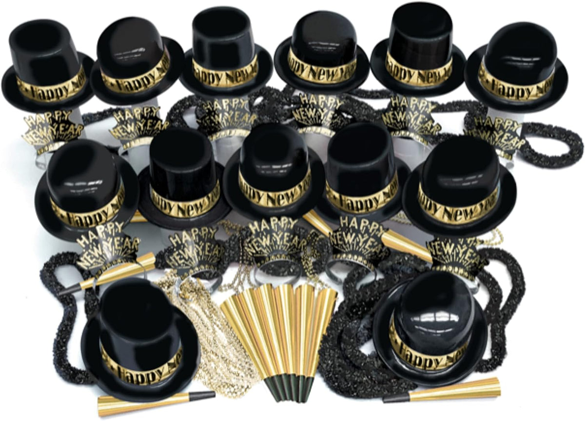 Crown Display New Years Eve Party Supplies 2026 I 250 Pcs I Black and Gold Top Hats Tiaras Bead Necklace Noise Makers I 2026 New Years Decorations Happy New Year Decorations 2026 Bulk Party Favors