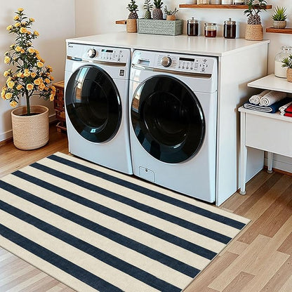 Blue and White Striped Entry Rug - 3x5 Ft Washable Indoor Outdoor Front Door Mat Outside Entrance Front Porch Mat Non-Slip Floor Carpet for Bedroom Entryway Kitchen Office Porch Decor