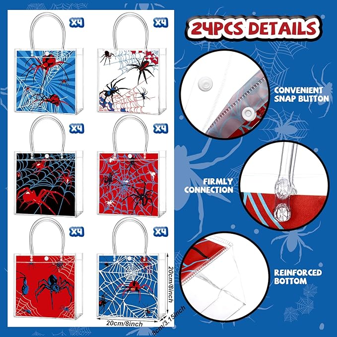 Teenyyou 24 Pcs Spider Clear Gift Bags with Handles Spider Party Favor Candy Treat Tote Candy Snack Treat Bags for Birthday Baby Shower Party Supplies