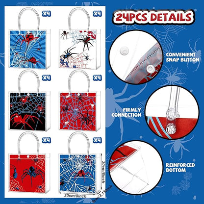 Teenyyou 24 Pcs Spider Clear Gift Bags with Handles Spider Party Favor Candy Treat Tote Candy Snack Treat Bags for Birthday Baby Shower Party Supplies