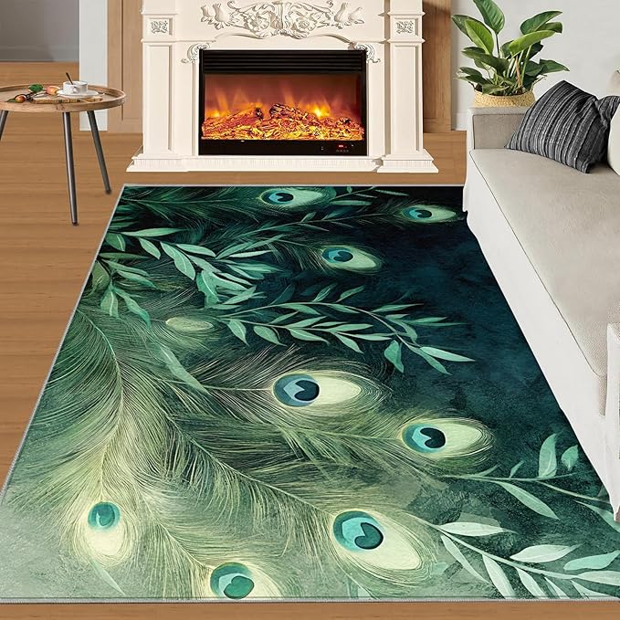 Peacock Feather Rugs for Living Room - 5x6 Rug, Peacock Decor Area Rugs for Bedroom, Teal Turquoise Rug, Plant Washable Carpet, Malachite Green Feather Carpet - Peafowl Home Decor & Gifts