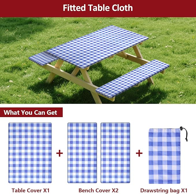 6ft Picnic Table and Bench Cover, Camping Essentials RV Gear, 72in Waterproof Windproof Outdoor Elastic All Around Tablecloth, Fitted Rectangle Tables and Seats, Blue-White Checkered