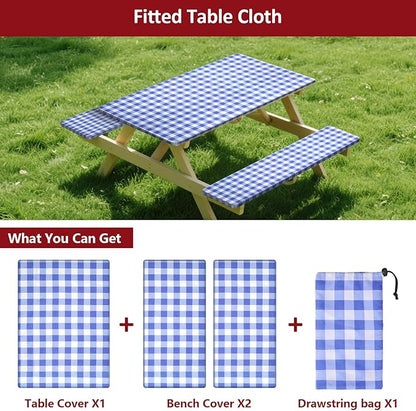 6ft Picnic Table and Bench Cover, Camping Essentials RV Gear, 72in Waterproof Windproof Outdoor Elastic All Around Tablecloth, Fitted Rectangle Tables and Seats, Blue-White Checkered