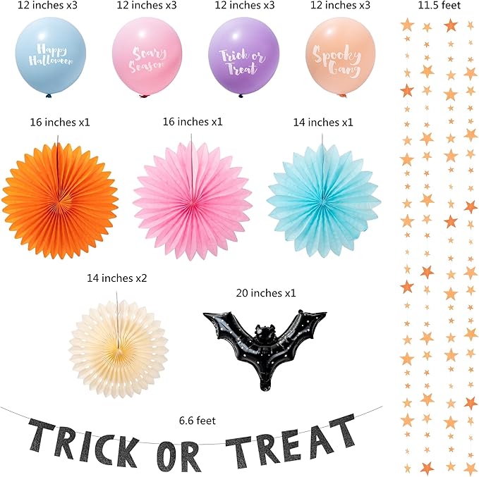 Cheerland Halloween Balloons Colorful Halloween Party Decoations Bat Garlands Pastel Halloween Decor Cute Ceiling Backdrop Photobooth Decor Star Streamers TTrick or Treat Banner Orange Paper Fan 23pcs