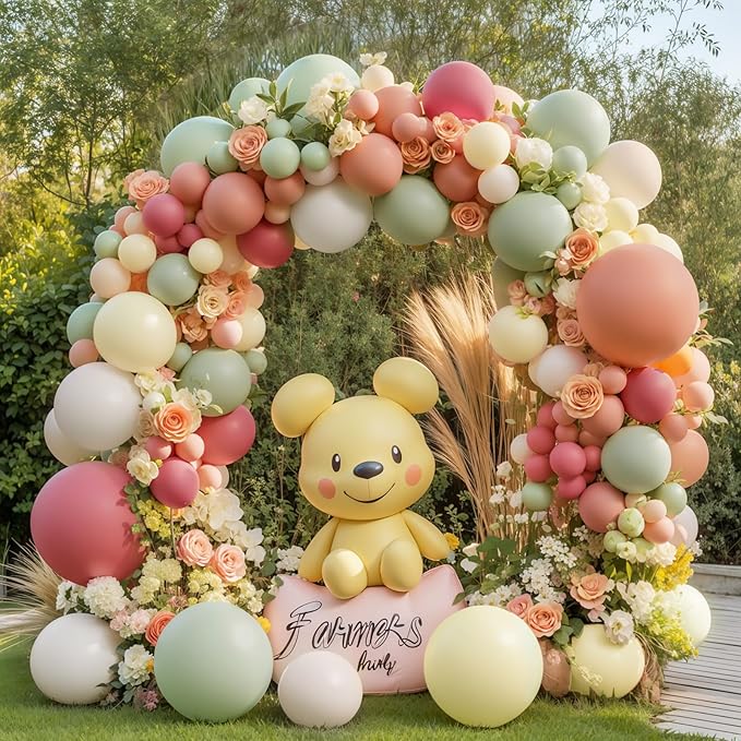 Pink And Green Balloons Arch Kit, Double Stuffed Pastel Balloons with Sage Green Pink Peach Light Yellow Ivory White Sand Color Balloon Garland for Bear Wildflower Birthday Wedding Party Decorations