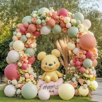 Pink And Green Balloons Arch Kit, Double Stuffed Pastel Balloons with Sage Green Pink Peach Light Yellow Ivory White Sand Color Balloon Garland for Bear Wildflower Birthday Wedding Party Decorations