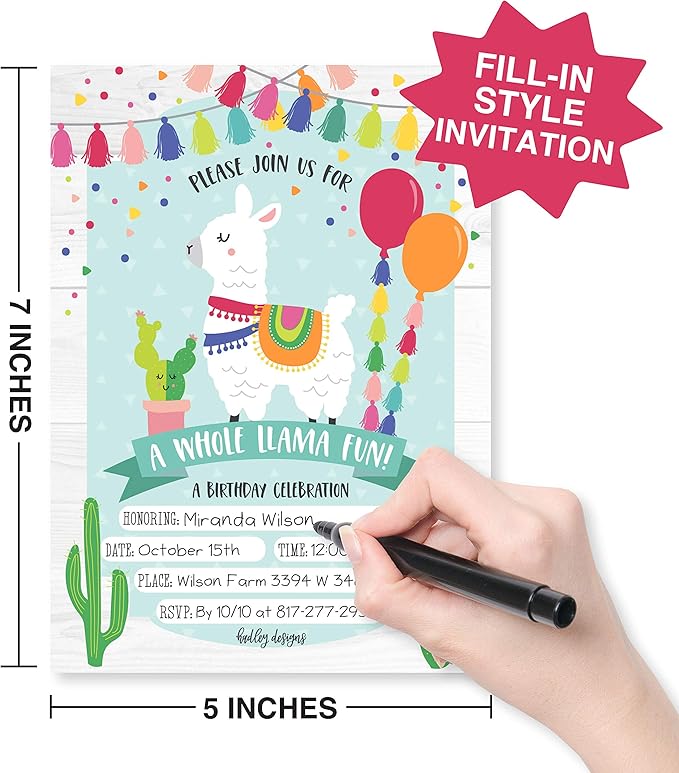 Hadley Designs Kids Birthday Invitations For Boys and Girls Mexican Theme - 25 Llama Birthday Party Invitations For Boys, Fiesta Invites For Girls, Cute Alpaca Cactus Party Supplies, Made In USA