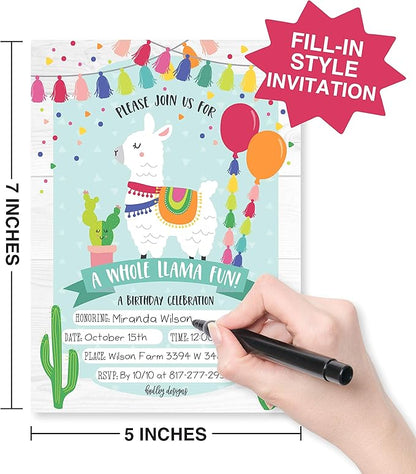 Hadley Designs Kids Birthday Invitations For Boys and Girls Mexican Theme - 25 Llama Birthday Party Invitations For Boys, Fiesta Invites For Girls, Cute Alpaca Cactus Party Supplies, Made In USA