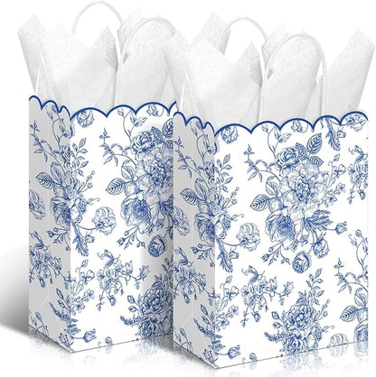 Kolldenn 24 Pcs Blue Floral Gift Bags with Handles Wildflower Party Favor Candy Treat Goodie Bags Scalloped for Birthday Decoration for Bridal Baby Shower Party Supplies