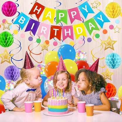 ZERODECO Birthday Decorations, Easy to Assemble Colorful Happy Birthday Banner with Honeycomb Ball, Balloon, Hanging Swirl Streamer, Garland, Happy Birthday Party Decorations for Women Girls Kids