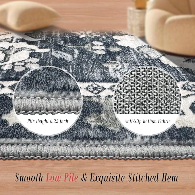 RUGSURE Washable Area Rugs - Perfect for Living Room, Bedroom, Kids Room, Nursery - Stain & Water Resistant Non-Slip, Pet & Child Friendly, Vintage Tribal Area Rugs (Grey, 4' x 6')