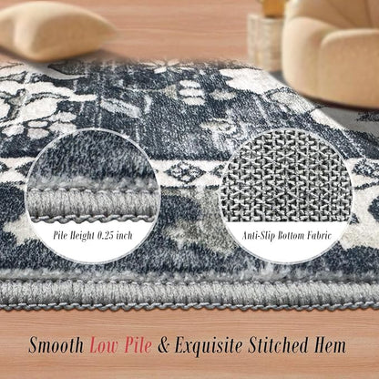 RUGSURE Washable Area Rugs - Perfect for Living Room, Bedroom, Kids Room, Nursery - Stain & Water Resistant Non-Slip, Pet & Child Friendly, Vintage Tribal Area Rugs (Grey, 4' x 6')