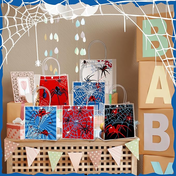 Teenyyou 24 Pcs Spider Clear Gift Bags with Handles Spider Party Favor Candy Treat Tote Candy Snack Treat Bags for Birthday Baby Shower Party Supplies