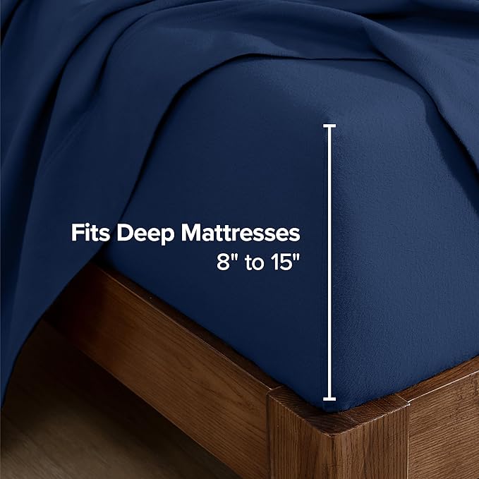Bare Home Flannel Fitted Bottom Sheet 100% Cotton, Velvety Soft Heavyweight - Double Brushed Flannel - Deep Pocket (Queen, Dark Blue)