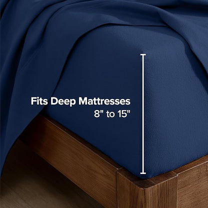 Bare Home Flannel Fitted Bottom Sheet 100% Cotton, Velvety Soft Heavyweight - Double Brushed Flannel - Deep Pocket (Queen, Dark Blue)