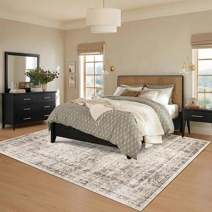 Washable Boho 10x13 Area Rug for Living Room Low Pile Soft Bedroom Rugs Non Slip Distressed Medal Print Large Indoor Carpet Thin Foldable Boho Vintage Carpet for Playroom Farmhouse, Brown