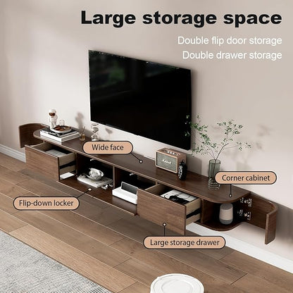 Floating TV Stand 87 Inch Wall Mounted TV Cabinet with 2 Drawers, TV Media Console with Flip-Down Door & Drawers for Living Room (Walnut, 86.6")