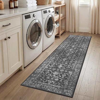2x8 Black Runner Rug Hallway Washable Area Rugs Kitchen Vintage Boho Non Slip Long Rug Floral Carpet Indoor Retro Soft Low Pile Throw Rug for Bedroom Bathroom Laundry Dining Living Room Office