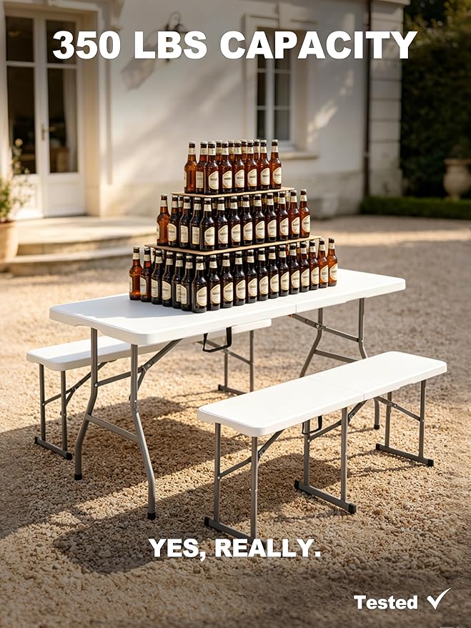 6FT Folding Camping Table Portable 350lbs, 6 Foot Folding Picnic Card Table for Outdoor, Plastic Rectangular Dining Work Tables for Indoor, Heavy Duty Fold-in-Half Tray Tables, 71x29 inch