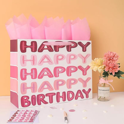 Qirrmiy 16.5" Extra Large Pink Happy Birthday Gift Bag Set with Handles, Greeting Card, Tissue Papers and Stickers for Women Girls Kids Teens, Words Design, 1 Pcs