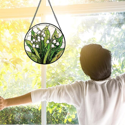 Stained Glass Window Hanging, Lily of The Valley Flower Sun Catchers Colorful Glass Panel Green Plants Suncatcher Decor for Birthday for Women,Men,Wife, Lovers, and Mom 6.3 in
