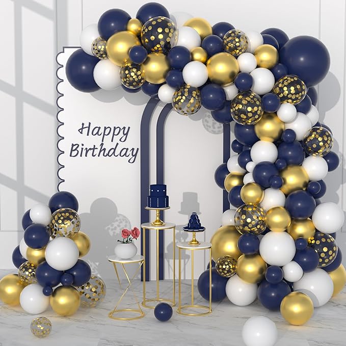 Navy Blue Gold Balloon Garland Arch Kit, 122PCS White Navy Blue Balloons Night Blue Metallic Gold Confetti Balloonsfor Men Women Birthday Baby Shower Retirement Anniversary Graduation Party Decoration