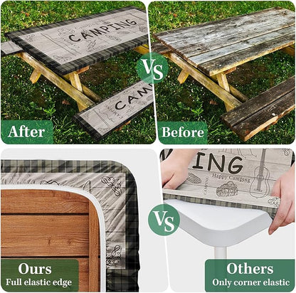 Picnic Table Cover with Bench Covers Elastic Edges, Brown Camper Fitted Table Cover, Outdoor Patio Camping Essentials 72 Inch 3PCS, Waterproof Camping Fitted Tablecloth with Drawstring Bag