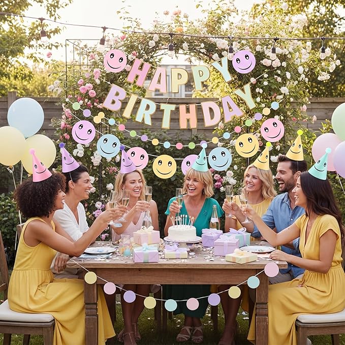 AmazingSpark 25 Pcs Smile Face Birthday Party Set Includes 24 Retro Smile Face Pattern Cone Hats with Pompoms and 1 Happy Birthday Banner for Parties Baby Shower Photo Props Decorations