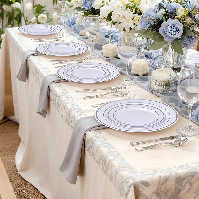 100Pcs White Plastic Dessert Plates, Disposable Salad Plate with Silver Rim, Premium Hard Fancy Small Plates, Heavy Duty Plastic Cakes Plates for Party, Wedding and Birthday