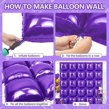 NISOCY 25PCS Purple Square Foil Balloons Wall Backdrop Double Sided Purple Balloons Tunnel Arch Kit for Baby Shower Birthday Wedding Party Decoration