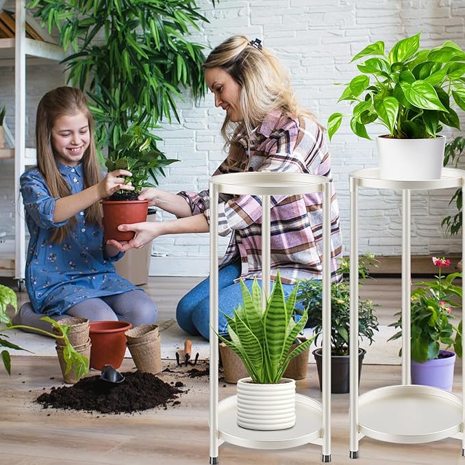 2 Tier Plant Stand Indoor Tall, White Corner Tiered Round Plant Stand for Indoor Multiple Plants, Metal Flower Pot Stands Outdoor Holders Plant Shelf Display Rack for Balcony Living Room